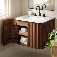 Zia Walnut 24" Wall-Mount Bathroom Vanity with Marble Sink - Ornate Home