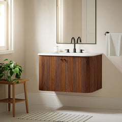 Zia Walnut 30" Wall-Mount Bathroom Vanity with Marble Sink - Ornate Home
