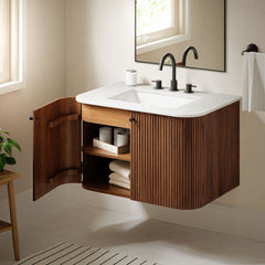 Zia Walnut 30" Wall-Mount Bathroom Vanity with Marble Sink - Ornate Home