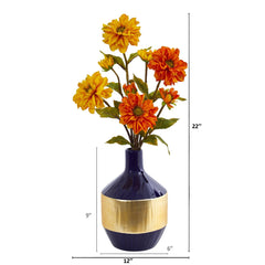 Zinnia Artificial Arrangement in Blue and Gold Designer Vase - Ornate Home