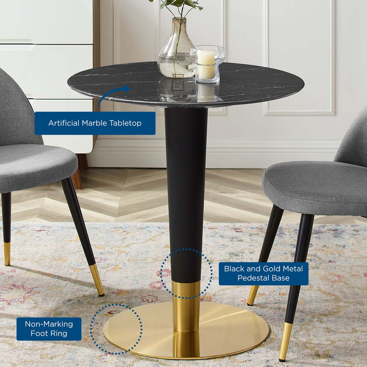 Zinque Gold/Black 28" Artificial Marble Dining Table - Ornate Home
