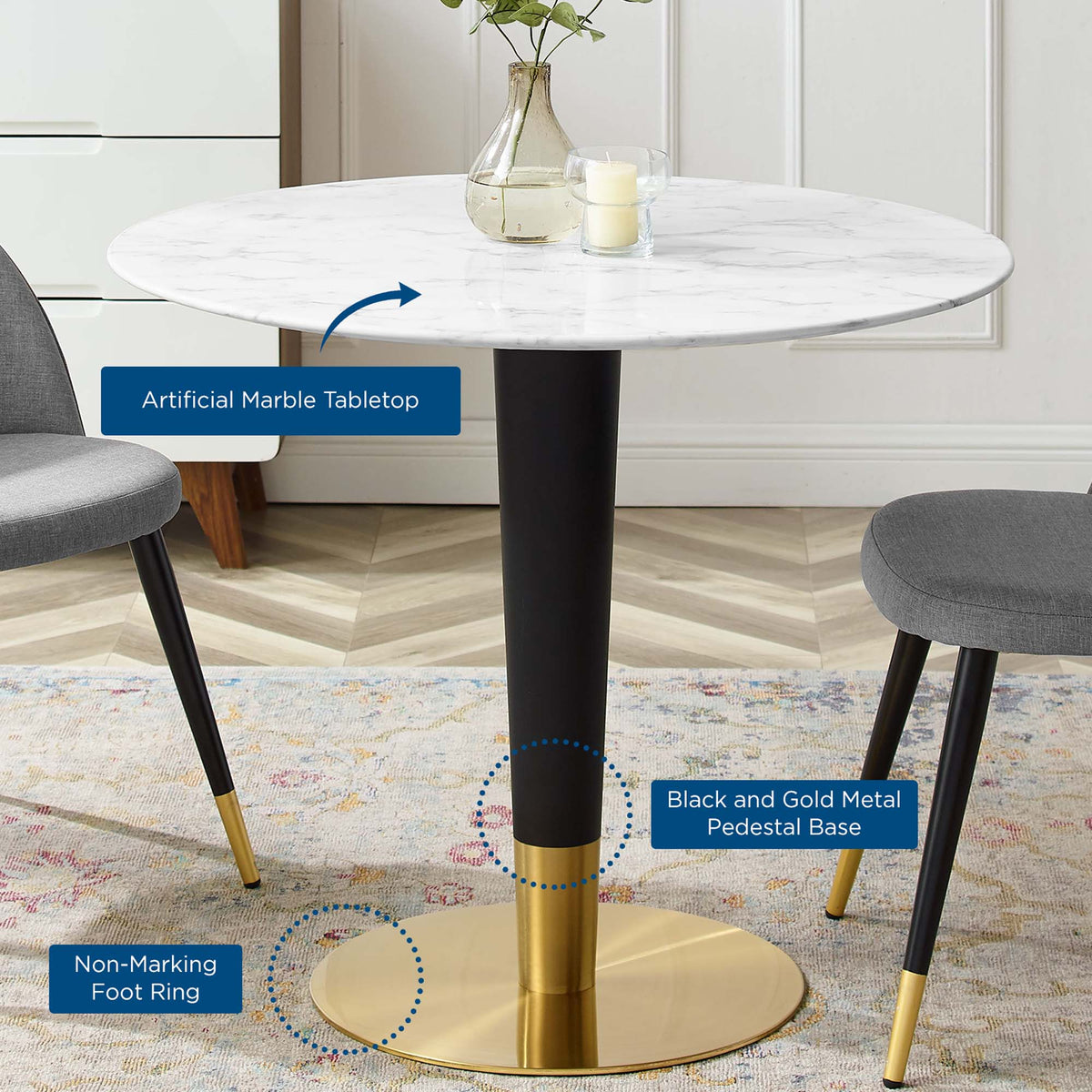 Zinque Gold/White 36" Artificial Marble Dining Table - Ornate Home