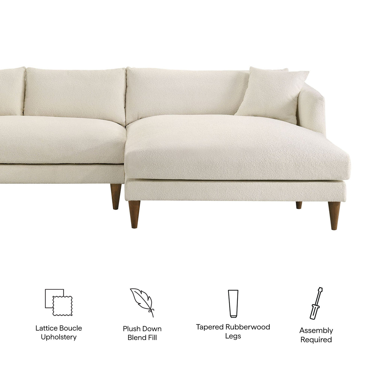 Zoya Cream Right-Facing Down Filled Overstuffed Boucle Sectional Sofa
