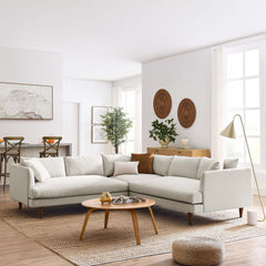 Zoya Heathered Weave Ivory 3 Piece Down Filled Overstuffed Sectional Sofa - Ornate Home