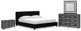 Zuraleus Black King Upholstered Bed, Dresser, Mirror and 2 Nightstands - Ornate Home