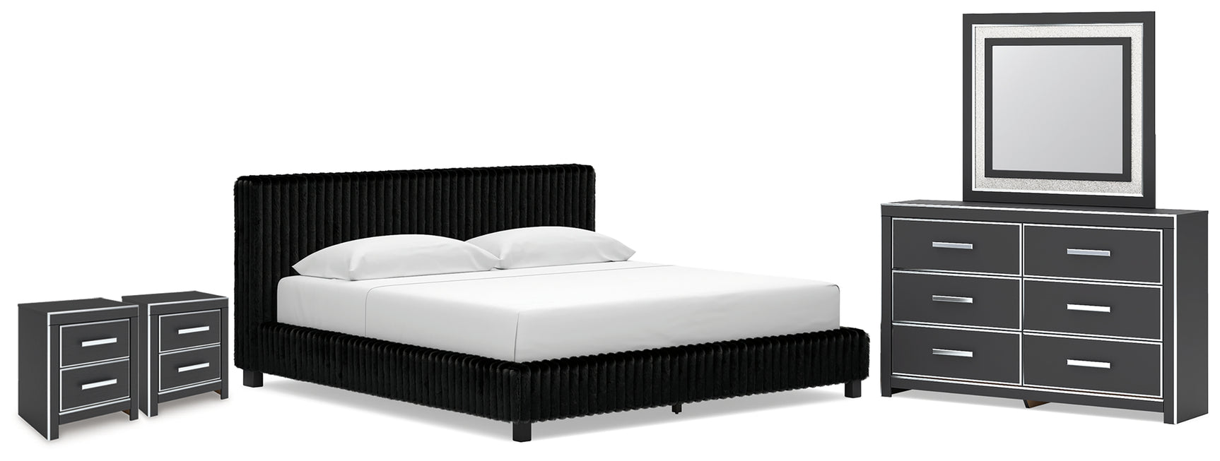 Zuraleus Black King Upholstered Bed, Dresser, Mirror and 2 Nightstands - Ornate Home