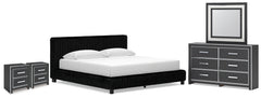 Zuraleus Black King Upholstered Bed, Dresser, Mirror and 2 Nightstands - Ornate Home