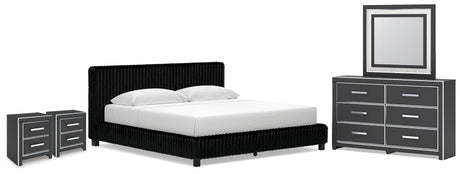 Zuraleus Black King Upholstered Bed, Dresser, Mirror and 2 Nightstands - Ornate Home