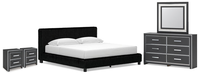 Zuraleus Black King Upholstered Bed, Dresser, Mirror and 2 Nightstands - Ornate Home
