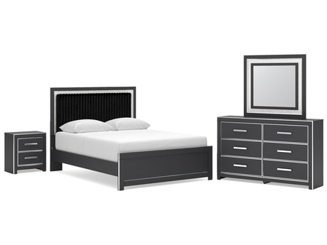 Zuraleus Black Queen Upholstered Bed, Dresser, Mirror and Nightstand - Ornate Home