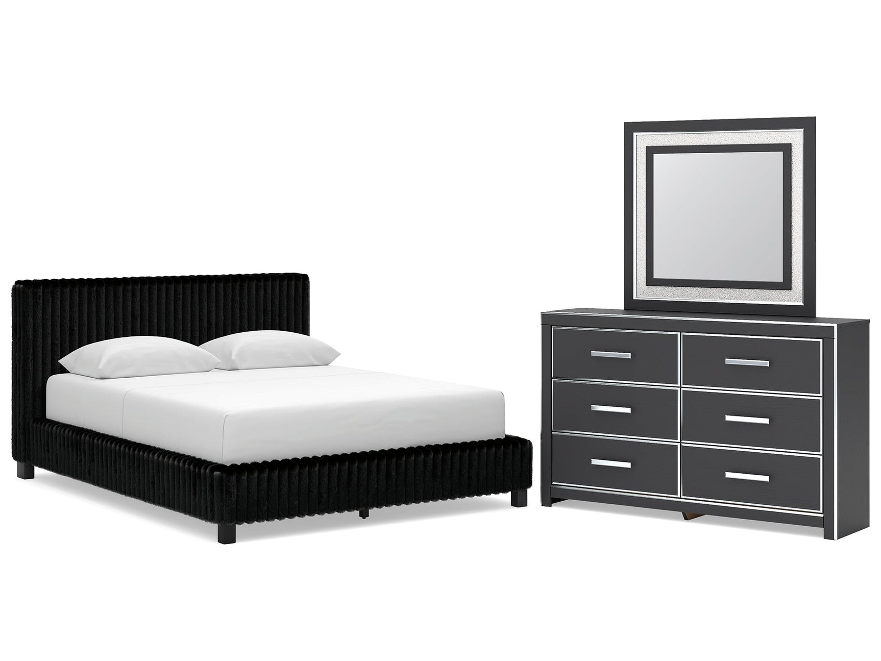 Zuraleus Black Queen Upholstered Bed, Dresser and Mirror - Ornate Home