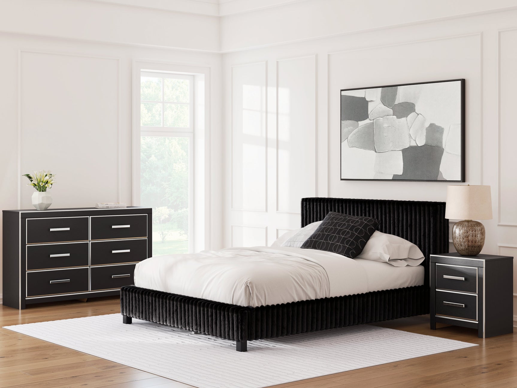 Zuraleus Black Queen Upholstered Bedroom Set with Dresser and Nightstand (Online Special Price) - Ornate Home