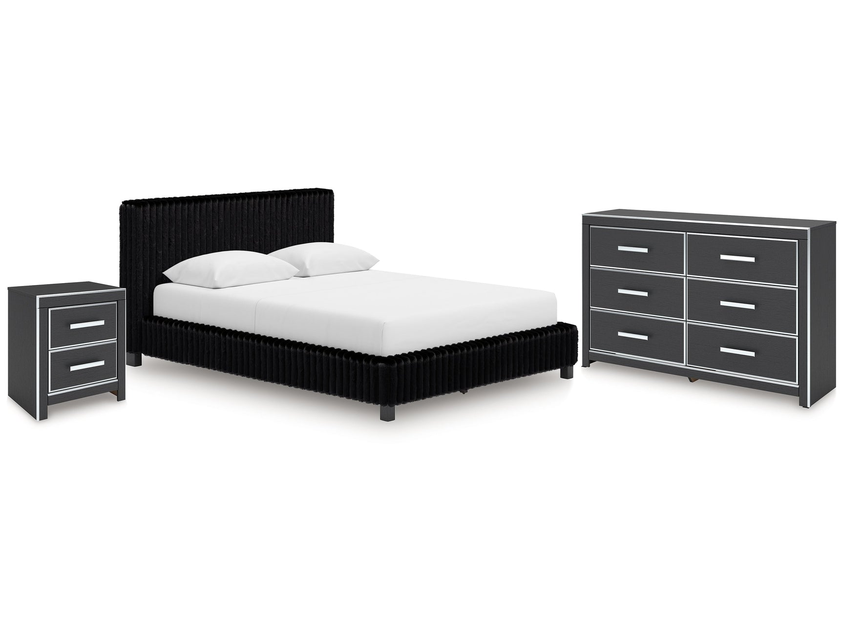 Zuraleus Black Queen Upholstered Bedroom Set with Dresser and Nightstand - Ornate Home