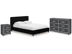 Zuraleus Black Queen Upholstered Bedroom Set with Dresser and Nightstand - Ornate Home