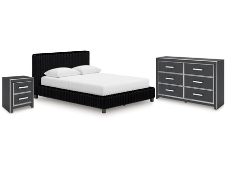 Zuraleus Black Queen Upholstered Bedroom Set with Dresser and Nightstand - Ornate Home