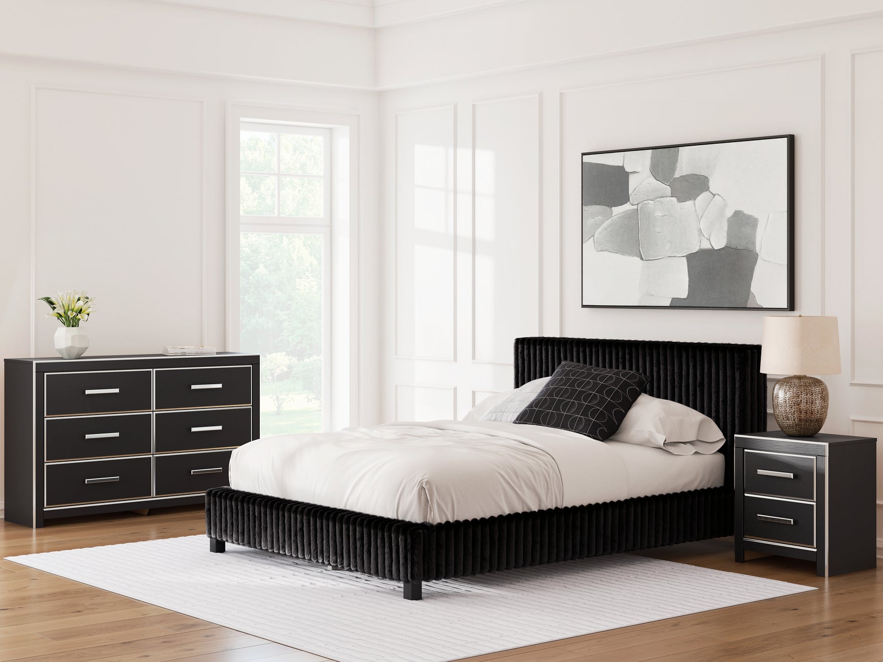 Zuraleus Black Queen Upholstered Bedroom Set with Dresser and Nightstand - Ornate Home