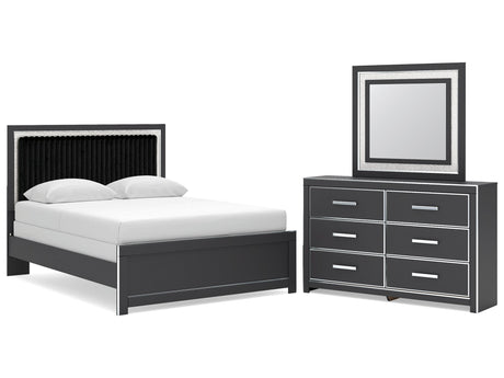 Zuraleus Black Queen Upholstered Panel Bed, Dresser and Mirror - Ornate Home