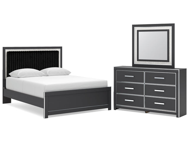 Zuraleus Black Queen Upholstered Panel Platform Bed, Dresser and Mirror (Online Special Price) - Ornate Home