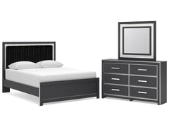 Zuraleus Black Queen Upholstered Panel Platform Bed, Dresser and Mirror - Ornate Home