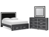 Zuraleus Black Queen Upholstered Panel Platform Storage Bed, Dresser and Mirror - Ornate Home