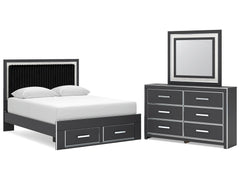 Zuraleus Black Queen Upholstered Panel Platform Storage Bed, Dresser and Mirror - Ornate Home