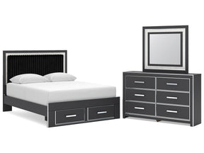 Zuraleus Black Queen Upholstered Panel Platform Storage Bed, Dresser and Mirror - Ornate Home