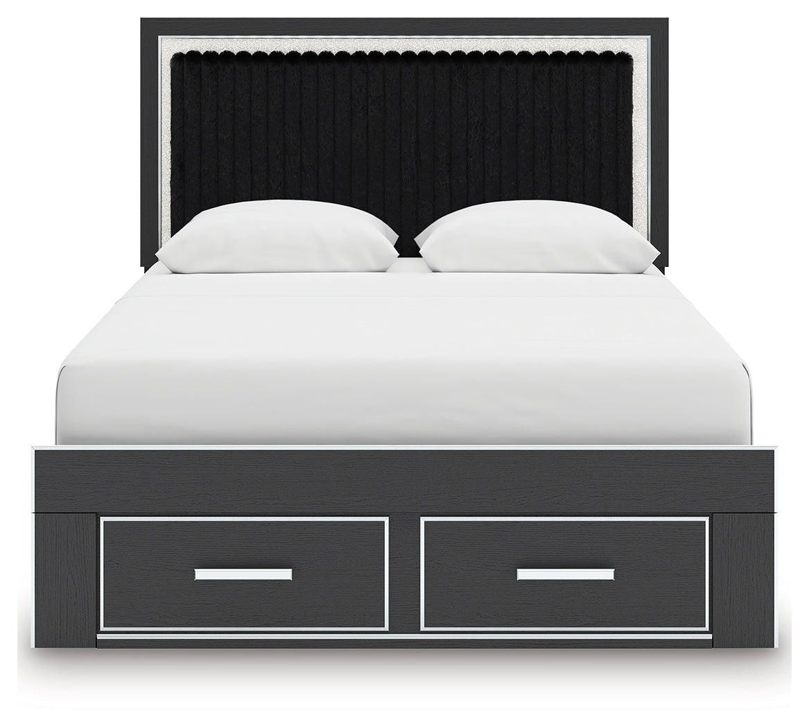 Zuraleus Black Queen Upholstered Panel Platform Storage Bed, Dresser and Mirror - Ornate Home