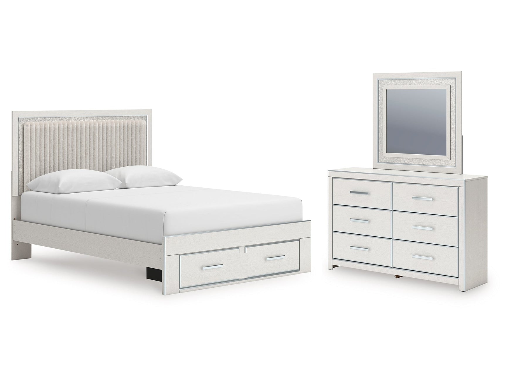 Zuraleus Brown/White Queen Upholstered Panel Platform Storage Bed, Dresser and Mirror (Online Special Price) - Ornate Home