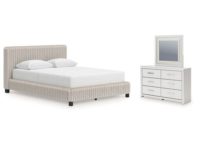 Zuraleus White/Gray Queen Upholstered Bed, Dresser and Mirror - Ornate Home