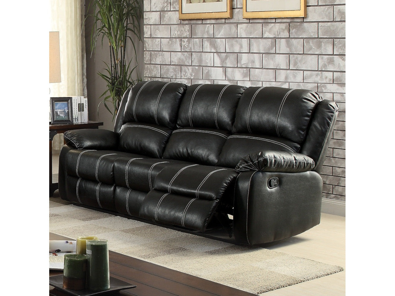 Zuriel Black Synthetic Leather Motion Sofa - Ornate Home