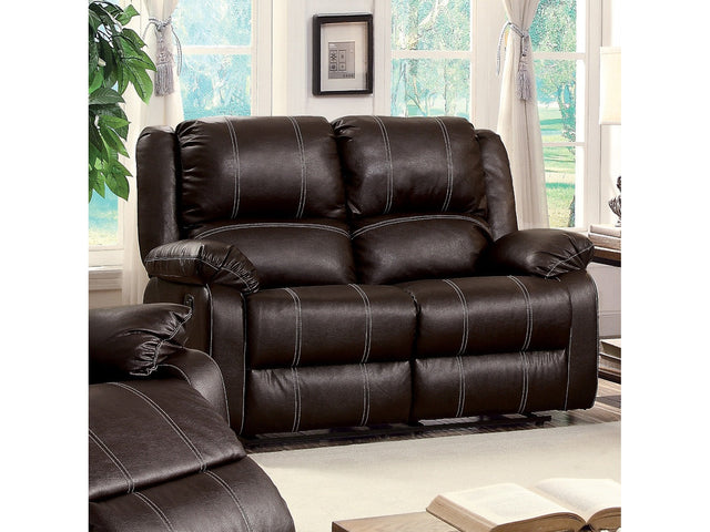 Zuriel Brown Synthetic Leather Motion Loveseat - Ornate Home
