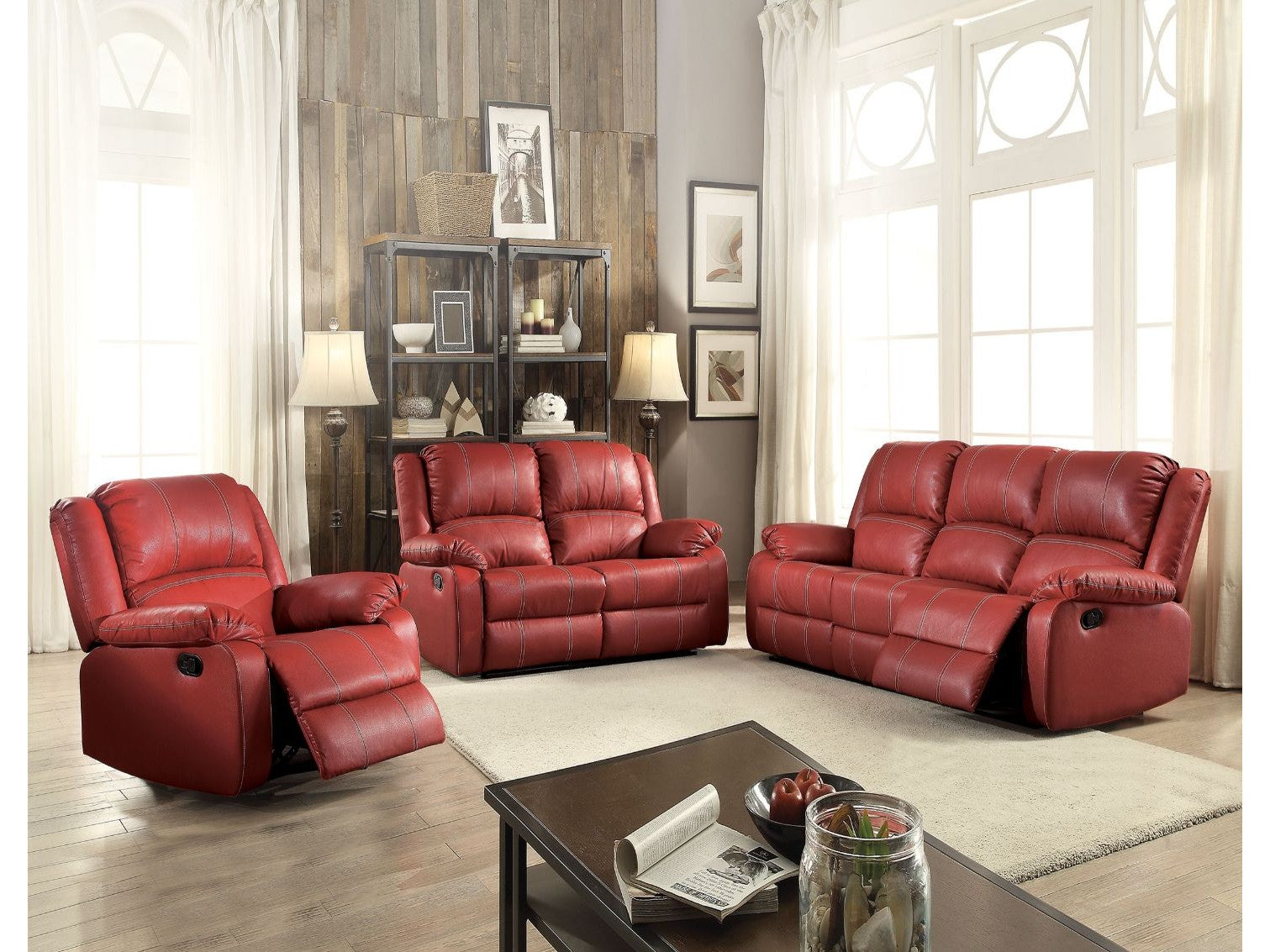 Zuriel Red Faux Leather Reclining Sofa - Ornate Home