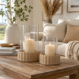 Woodfords Natural Raffia Base Hurricanes (Set of 2)