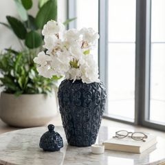 Matilija Navy Ceramic Chain Texture Jar