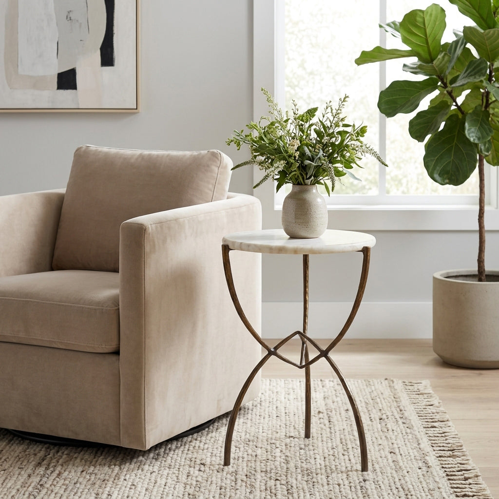 Gorman White/Bronze Accent Table with Curved Legs and Marble
