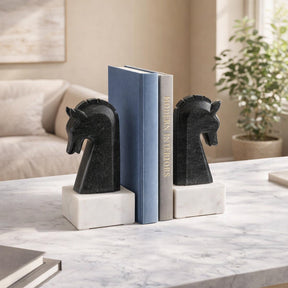 Coffee Black/White Marble Rustic Horse Bookends (Set of 2)