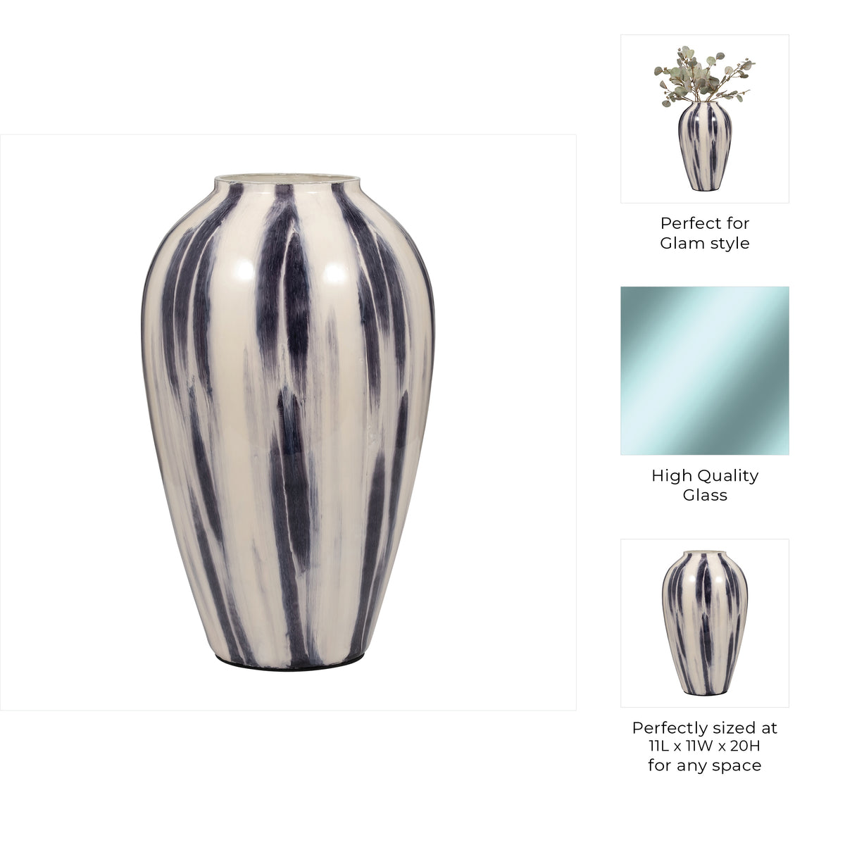 Camphora Black/White Glass Striped Vase