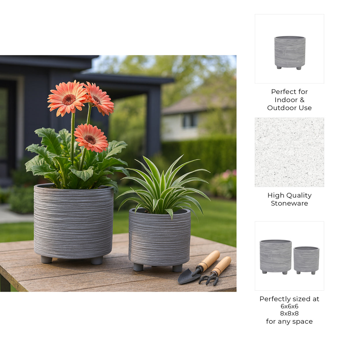Polk Gray Footed Planters with Lines (Set of 2)
