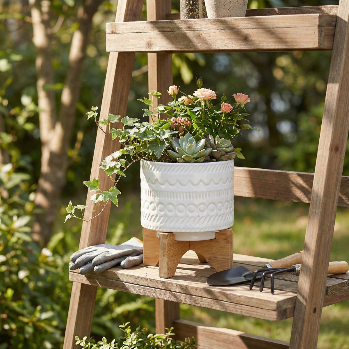 Crest White Tribal Planter with Wood Stand