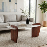 Crestmore White Marble and Wood Modern Coffee Table