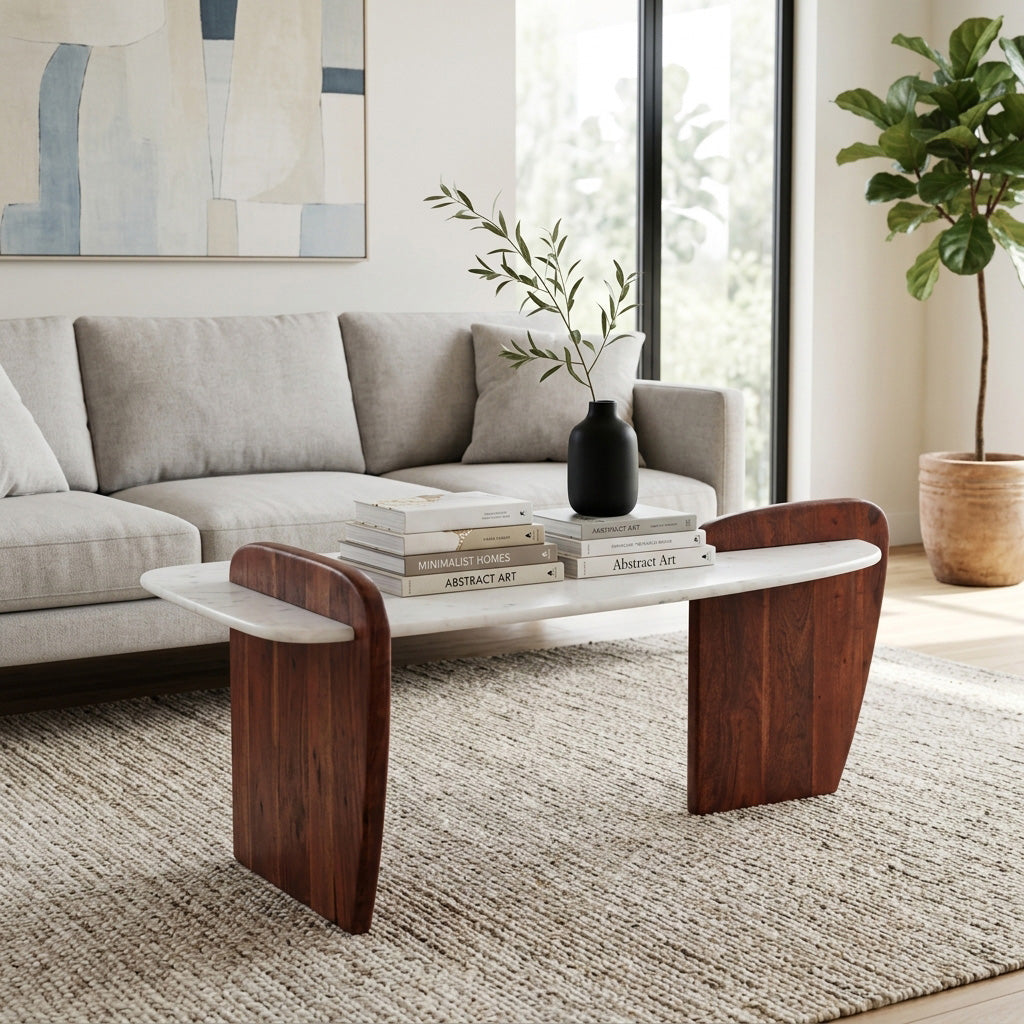 Crestmore White Marble and Wood Modern Coffee Table