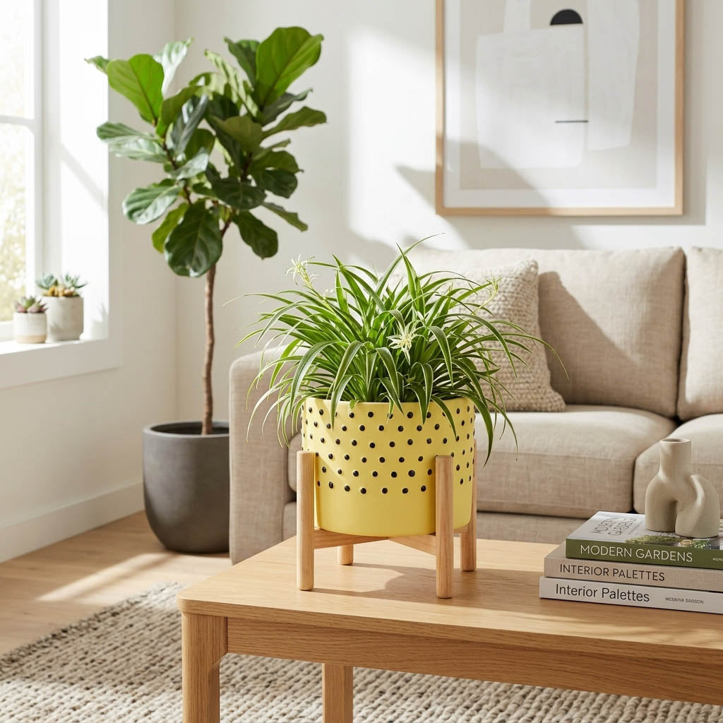 Newcastle Yellow Medium Dotted Planter with Wood Stand