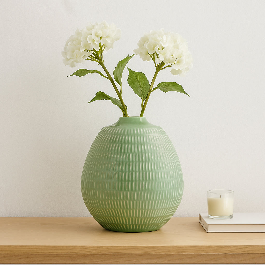 Chipps Dark Sage Ceramic Stripe Oval Vase