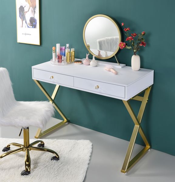 Coleen White Vanity Desk w/Mirror & Jewelry Tray - Ornate Home