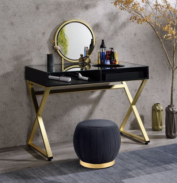 Coleen Black Vanity Desk w/Mirror & Jewelry Tray - Ornate Home