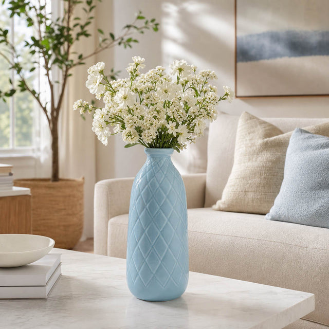 Wellsona Cameo Blue Ceramic Plaid Textured Vase