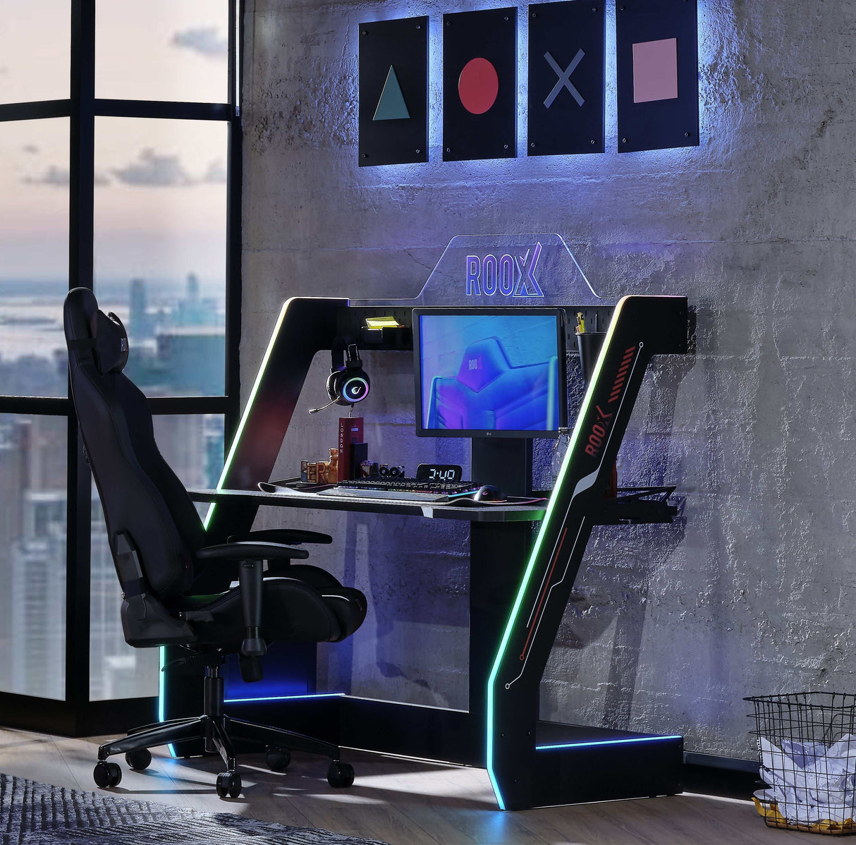 Roox Black Gamer Desk w/ Lighting - Ornate Home