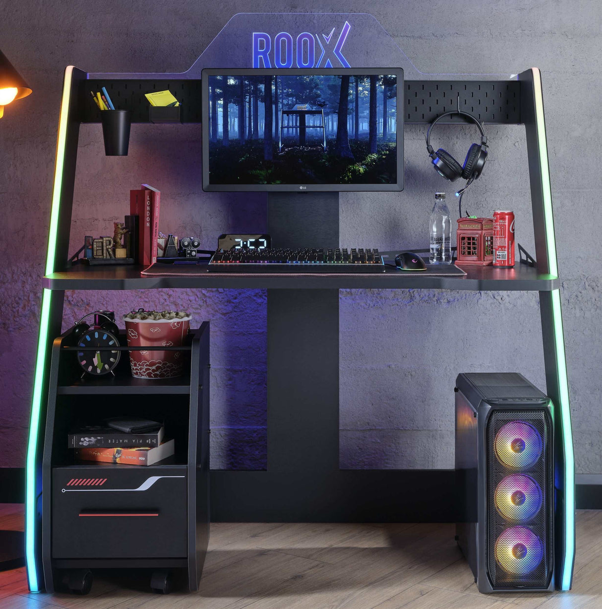 Roox Black Gamer Desk w/ Lighting & Side Cabinet - Ornate Home