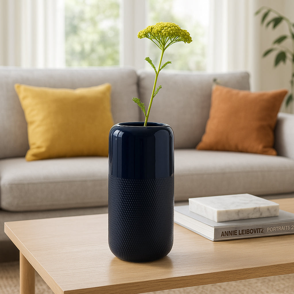 Coromar Navy Blue Small Ceramic Grooved Vase