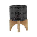 Electra Black Ceramic Aztec Planter on Wooden Stand